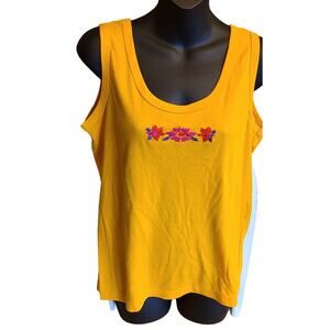Vintage Retro 90s Gold yellow Tank embroidered flowers boho M made in USA boho